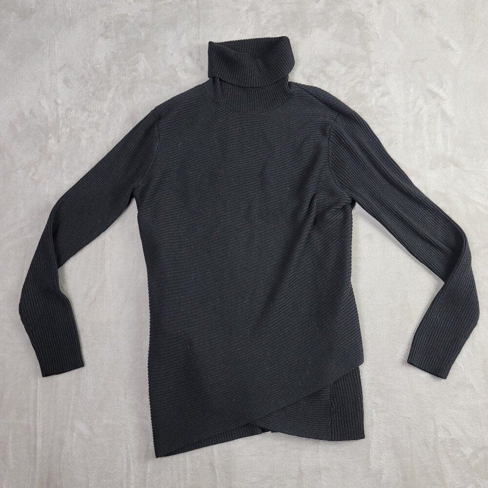T Tahari Black Longsleeve Asymmetric Women's Cashmere Blend Turtleneck | Size M